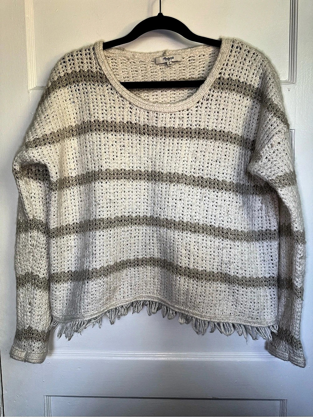 Madewell Striped Fringe Hem Knit Sweater Off White & Taupe Wool/ Alpaca Blend Sm